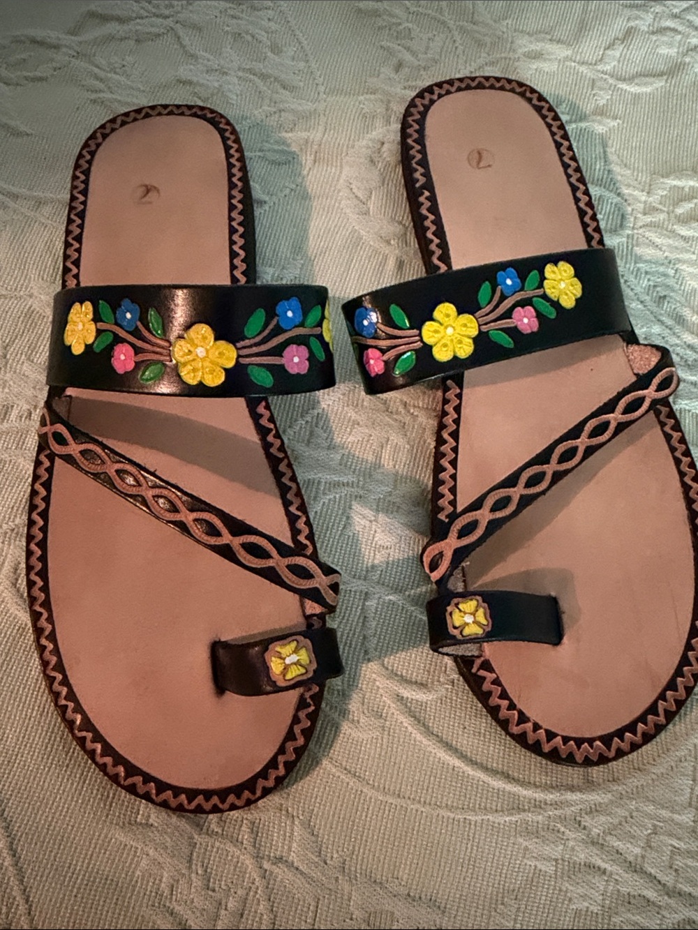 Black Floral Leather Slide Sandals - Women